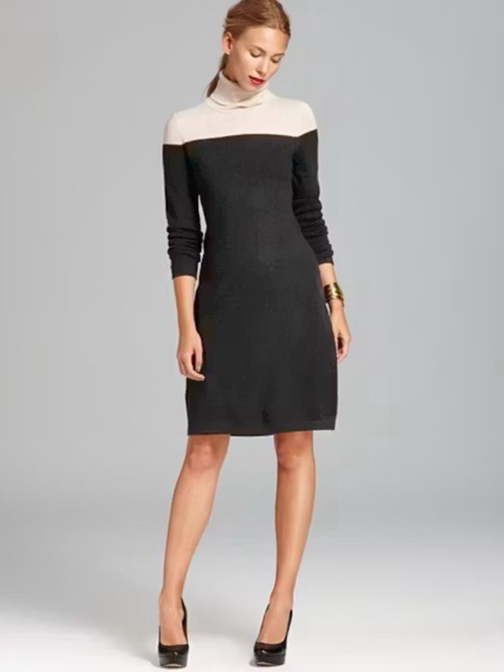 Bloomingdale’s 100% Cashmere Colorblock Turtleneck Sweater Dress Gray Ivory